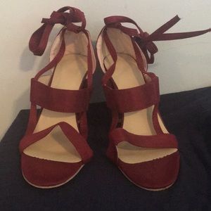 Wine red lace up heeled sandals